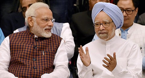 FILE - An image of former Prime Minister Manmohan Singh with PM Narendra Modi, used for representational purposes only. (Photo | PTI)