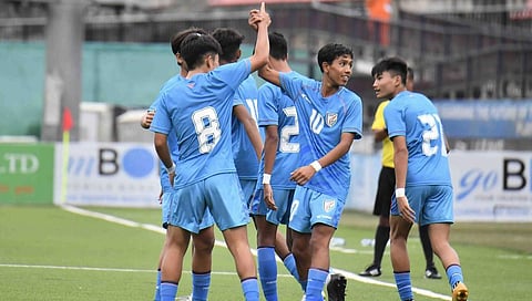 Indian players celebrate after scoring against Maldives. (Photo | AIFF website)