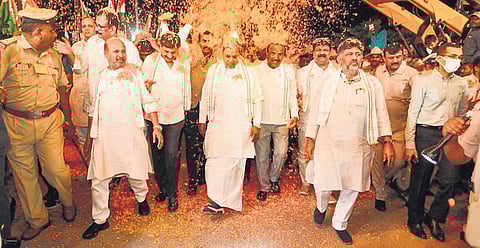Chief Minister Siddaramaiah, Deputy Chief Minister DK Shivakumar and other Congress leaders hold a roadshow to celebrate one year of Bharat Jodo Yatra in Ramanagara on Thursday | EXPRESS