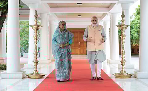 Prime Minister Narendra Modi welcomes Bangladesh Prime Minister Sheikh Hasina before a bilateral meeting in New Delhi (Photo | PTI)