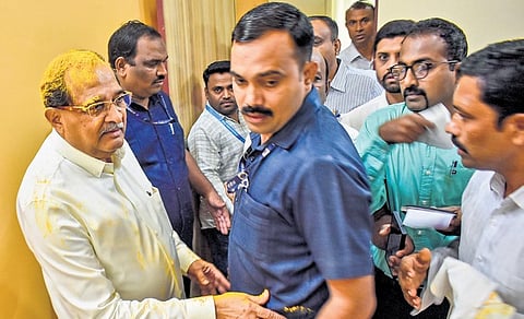 Maharashtra Revenue Minister Radhakrishna Vikhe Patil after the turmeric powder attack by a protestor, in Solapur on Friday | PTI