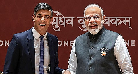 PM Modi with UK PM Rishi Sunak during a bilateral meeting, on the sidelines of the G20 Summit 2023. (Photo | PTI)