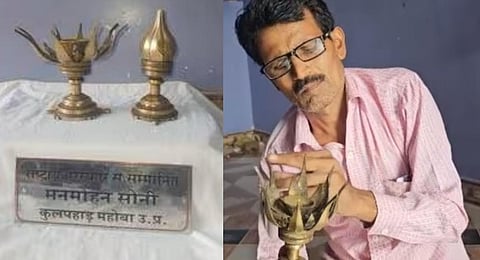 (L) Hand-made brass artefact in the shape of a lotus, (R) UP based artisan Manmohan Saini