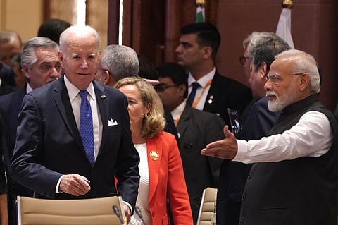 Indian Prime Minister Narendra Modi welcomes US President Joe Biden for the first session of the G20 Summit (Photo | AP)