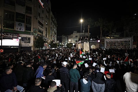 Palestinians protest in solidarity with Gaza in Ramallah, in the occupied West Bank, on January 1, 2024. (Photo | AFP)