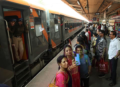 People taking selfies with Amrit Bharat Express in Srikakulam | G Satyanarayana