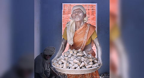 A Women employe is seen working with the flowerpot chemicals on their hand while their whole body is covered with chemical mixture at Sivakasi in Virudhunagar district. (Photo | K.K.Sundar, EPS)