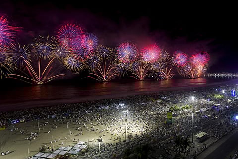 Fireworks light up Copacabana Beach during New Year's celebrations in Rio de Janeiro, Brazil. (Photo | AP)