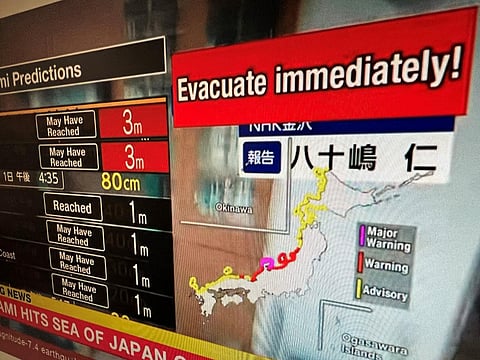 A warning message on a screen from a live feed on NHK World asking people to evacuate from the area after a series of major earthquakes hit central Japan. (Photo | AFP)