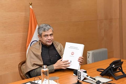 Union Minister of Railways Ashwini Vaishnaw holding the new Indian Railways construction manual. (Photo | Express)