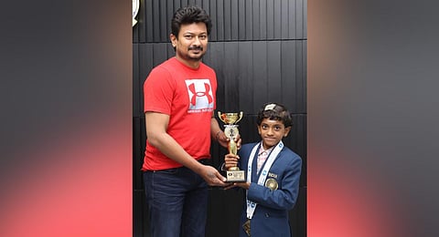 AS Sharvaanica with Minister of Youth Welfare and Sports Development of Tamil Nadu, Udhayanidhi Stalin. (Photo | Special Arrangement)