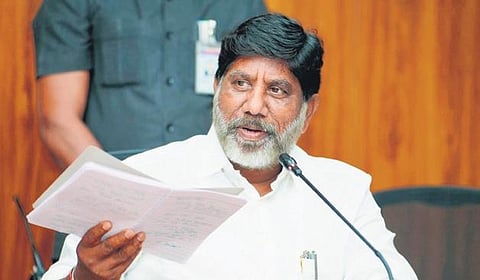 Deputy Chief Minister Mallu Bhatti Vikramarka gestures while speaking to the media at Secretariat on Tuesday.