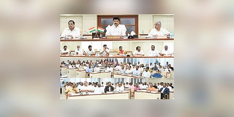 Chief Minister MK Stalin addressing the meeting at the secretariat | Express