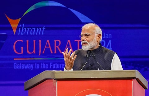 Prime Minister Narendra Modi addresses during the Vibrant Gujarat Global Summit 2024, in Gandhinagar, Wednesday, Jan. 10, 2024. (Photo | PTI)