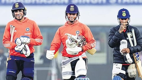 Shubman Gill (L), Yashasvi Jaiswal (C) and Tilak Varma during a training session in Mohali. (File Photo | PTI)