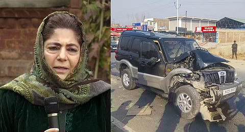 The damaged vehicle of former J&K CM and PDP President Mehbooba Mufti after it met with an accident, at Sangam area of Anantnag district, Thursday, Jan. 11, 2024. (Photo | PTI)