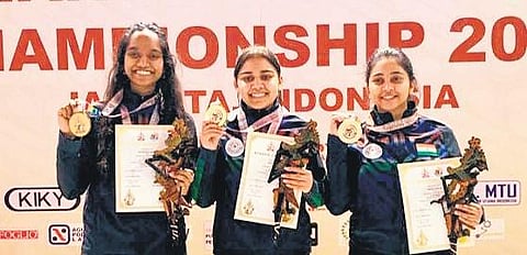 (From left) Elavenil Valarivan, Nancy and Mehuli Ghosh combined to win gold in women’s 10m air rifle team event in Jakarta on Wednesday | nrai