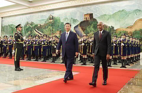 Maldives' President Mohamed Muizzu (R) and Chinese President Xi Jinping walking during a welcome ceremony at the Great Hall of the People in Beijing, January 10, 2024. (Photo | AFP)
