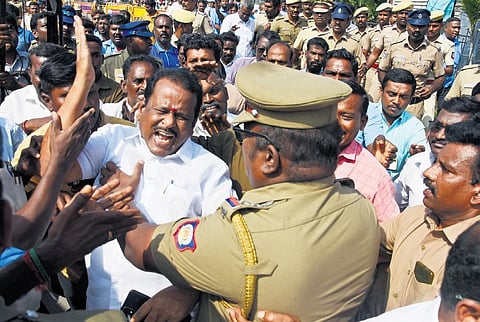 Members of various transport unions staging a demonstration at Pallavan Illam as a part of the protest (Photo | Ashwin Prasath)