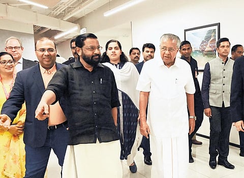 Chief Minister Pinarayi Vijayan with Kadakampally Surendran visiting the company Equifax which has set up its offices at thenewly inaugurated building of Taurus Techzone at Technopark Phase III in T’P