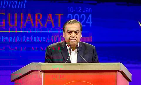 Reliance Industries Chairman and Managing Director Mukesh Ambani speaks during the Vibrant Gujarat Global Summit 2024, at Mahatma Mandir in Gandhinagar, Wednesday, Jan. 10, 2024. (Photo | PTI)