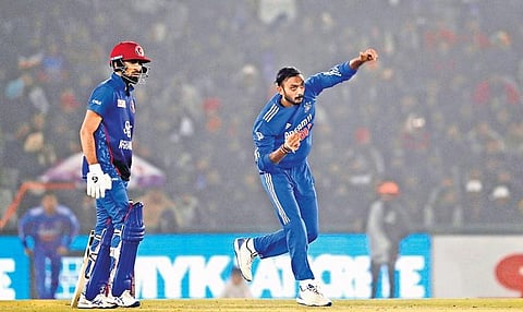 After not being included for South Africa T20Is, Axar Patel (R) returned with figures of 2/23 in the first T20I vs Afghanistan. (Photo | PTI)