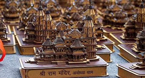 Models of the Shri Ram Janmabhoomi Temple being sold ahead of the consecration ceremony in Ayodhya, in Varanasi, Thursday, Jan. 11, 2024. (PTI)