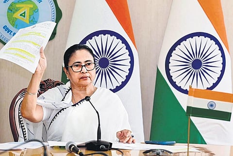 West Bengal Chief Minister Mamata Banerjee addresses a press conference at Nabanna in Howrah, West Bengal, on Thursday | PTI