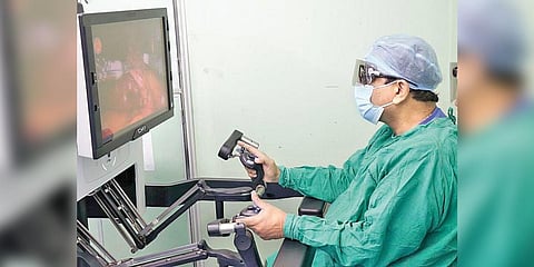 Dr Sreejoy Patnaik demonstrating a robotic surgery procedure (File Photo |Express)
