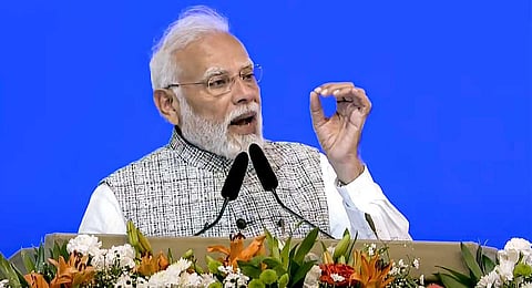Prime Minister Narendra Modi addresses during the inauguration and foundation stone laying ceremony of various developmental works in the state, in Navi Mumbai, Friday, Jan. 12, 2024. (PTI)