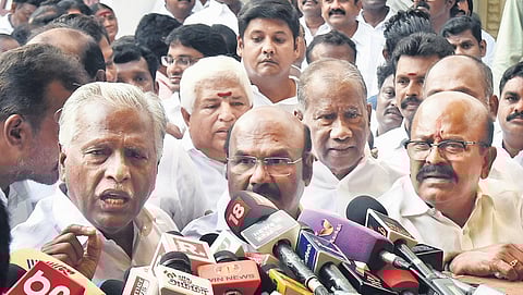 FILE - AIADMK spokesperson D Jayakumar and deputy general secretary KP Munusamy talking to media at the party headquarters in Chennai, September 2023. (Photo | P Jawahar)