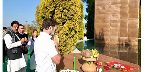 Congress leader Rahul Gandhi pays tribute at Khongjom War Memorial Complex during the 'Bharat Jodo Nyay Yatra', in Thoubal district, Manipur. (Photo | PTI)