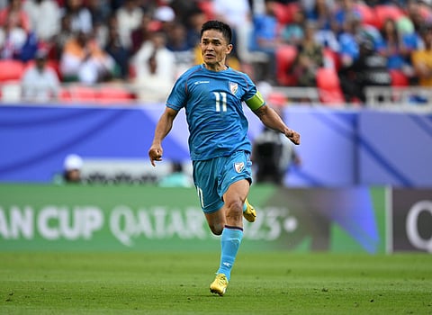 Indian forward Sunil Chhetri in action against Austrtalia in the AFC Asian Cup. (Photo | Indian Football Team X)