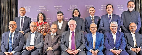 Infosys Foundation Founder Narayan Murthy along with Annual Award Winners in Bengaluru on Saturday.