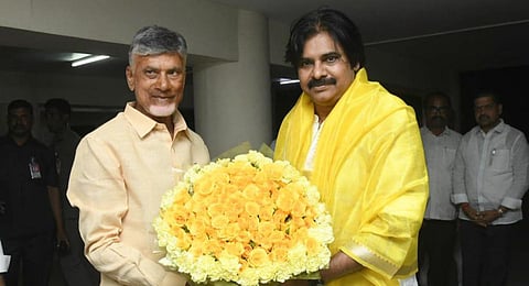 JSP chief Pawan Kalyan being welcomed by TDP supremo Naidu.