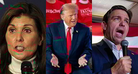 Republican presidential candidates Nikki Haley, Donald Trump and Ron Desantis speak at campaign events in Iowa. | AP