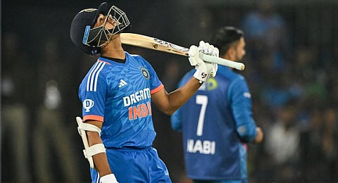 Yashasvi Jaiswal celebrates after scoring a half-century (50 runs) during the second Twenty20 international cricket match between India and Afghanistan at the Holkar Stadium in Indore on Jan 14.(AFP)