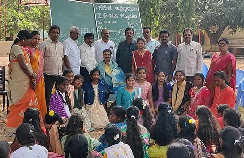 Singaraju Venkata Lakshmi Narayana Rao (Center), a Government Mathematics teacher. (Photo | Express)