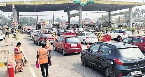 A number of vehicles seen lined up at a toll plaza on the Hyderabad-Vijayawada national highway due to the festive rush. (File Photo | Express)