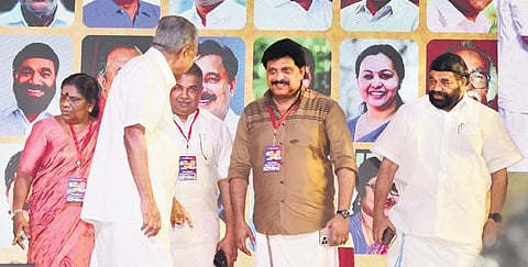 Chief Minister Pinarayi Vijayan greeting Saji Cherian and other cabinet ministers as he arrives for the Nava Kerala Sadas in Kochi on Monday | A Sanesh
