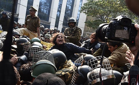 In this Feb 2020 image, demonstrators protest against the CAA and NRC near Jamia Millia Islamia University in New Delhi on Monday. (File Photo | Parveen Negi/EPS)