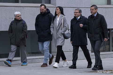 Spanish soccer player Jenni Hermoso, center, arrives at the Audiencia Nacional court, in Madrid. (Photo| AP)