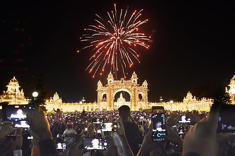 Green fireworks in backdrop of Mysuru Palace on Sunday to welcome New Year.
