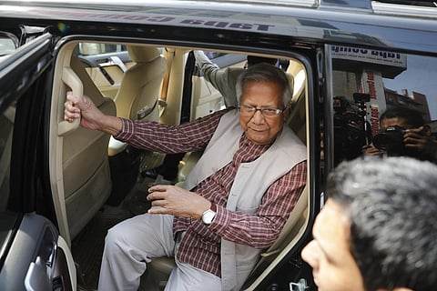 Nobel Peace Prize winner Muhammad Yunus arrives to appear before a labor court in Dhaka, Bangladesh, Monday, Jan.1. 2024. | AP
