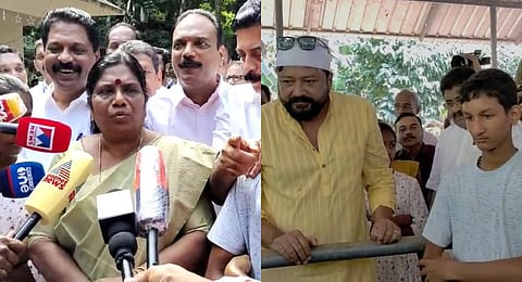 Minister J Chinchu Rani and notable actor Jayaram, after visiting Mathew Benny's family. (Screencrab | Shiyami, EPS)