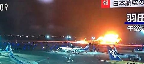 An image of the blazing Japan Airlines plane on Jan 2, 2024 (Twitter videograb)