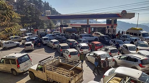Heavy rush at a petrol pump following the nationwide strike of truck drivers against a provision in the new penal law on hit-and-run accident cases, in Shimla, Tuesday, Jan. 2, 2024. (Photo | PTI)