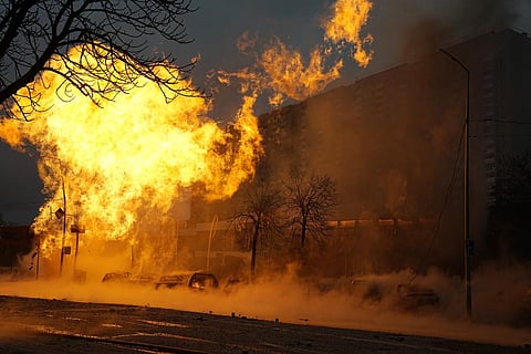 Fire and smoke rises after a Russian attack in Kyiv, Ukraine, Tuesday, Jan. 2, 2024. (Photo | AP)