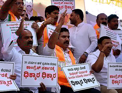 BJP protesting against the arrest of a Hindu activist in connection with the violence that broke out in Hubbali in the aftermath of the Babri Masjid demolition | Shashidhar Byrappa