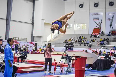 Gymnast Dipa Karmakar performs at the Senior Artistic Gymnastics National Championship in Bhubaneswar on Wednesday | DEBADATTA MALLICK